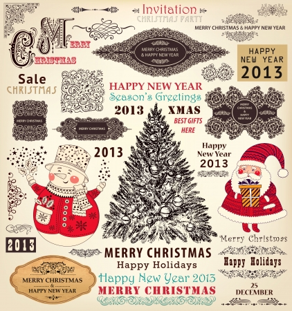 collection of Christmas Ornaments and Decorative Elements  borders, frames, stickers with Santa Claus, Christmas treeのイラスト素材