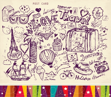 hand drawn card with travel symbolsのイラスト素材