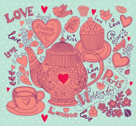 Vector art hand drawn holiday card with cupcake and teapotのイラスト素材