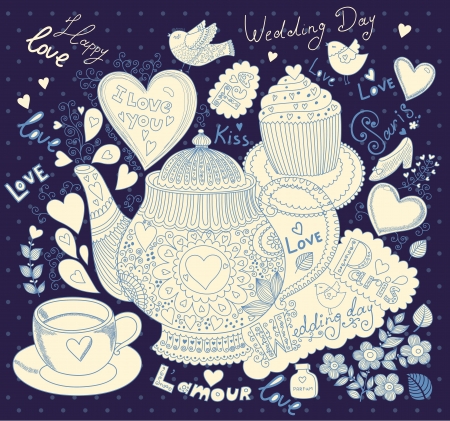 Vector art hand drawn holiday card with cupcake and teapotのイラスト素材
