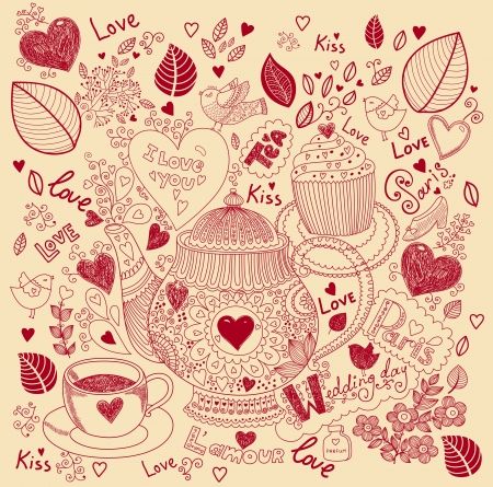 Vector art hand drawn holiday card with cupcake and teapotのイラスト素材