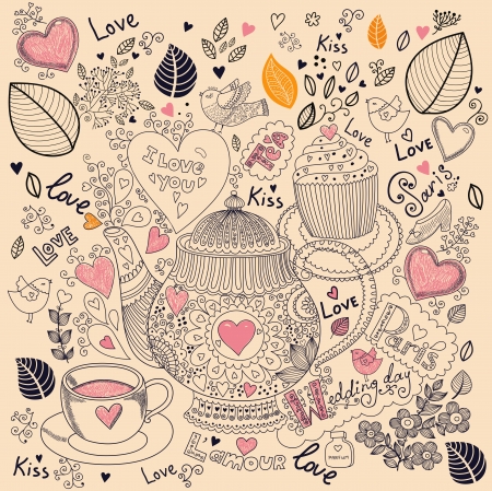 Vector art hand drawn holiday card with cupcake and teapotのイラスト素材