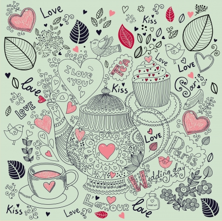 Vector art hand drawn holiday card with cupcake and teapotのイラスト素材