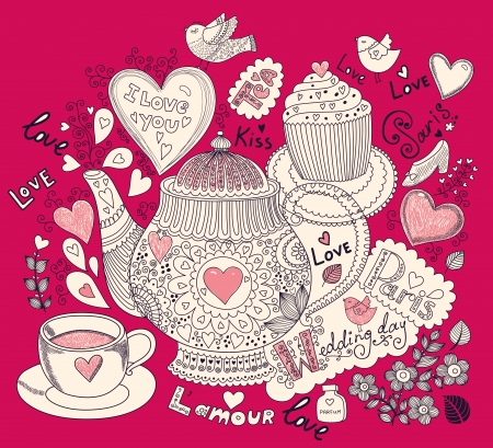 Vector art hand drawn holiday card with cupcake and teapotのイラスト素材