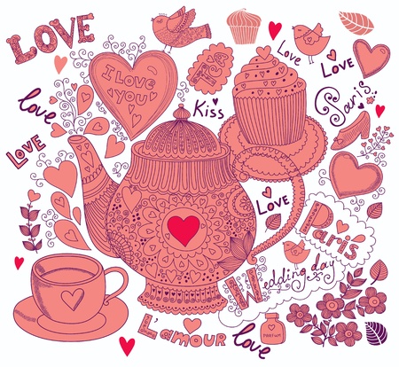 Vector art hand drawn holiday card with cupcake and teapotのイラスト素材