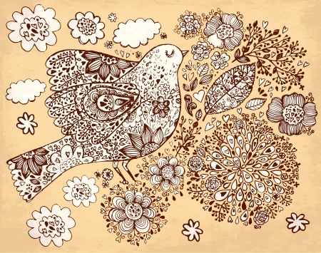 hand drawn vintage illustration with bird and flowersのイラスト素材