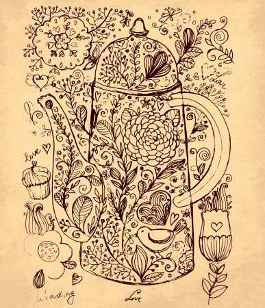 hand drawn illustration with coffee potのイラスト素材