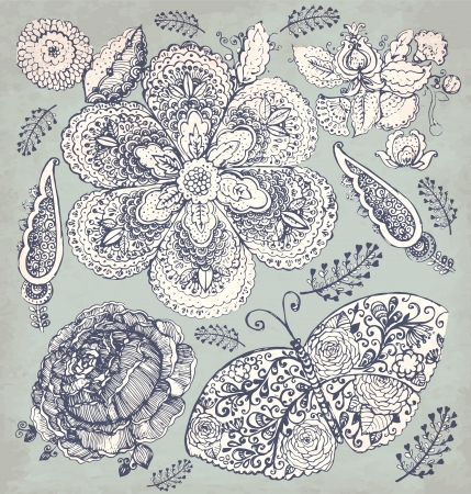 hand drawn vintage illustration with flowers and butterflyのイラスト素材