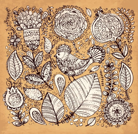 hand drawn vintage illustration with flowers and birdのイラスト素材