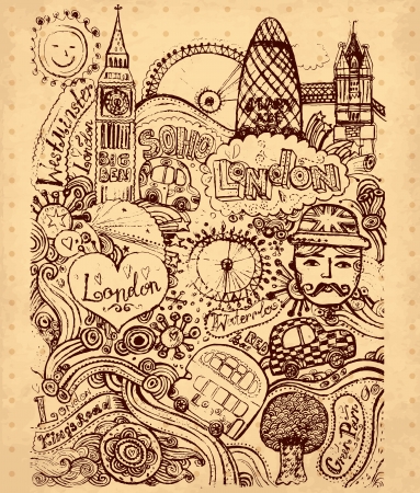 hand drawn illustration with London symbolsのイラスト素材