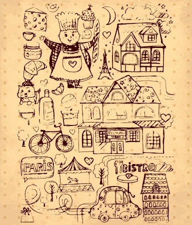 hand drawn illustration with Paris symbolsのイラスト素材