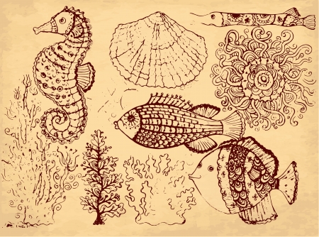 hand drawn illustration with fishesのイラスト素材