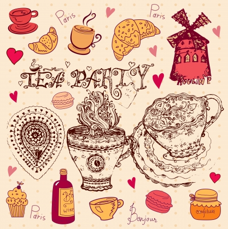 hand drawn vintage illustration with symbols of Franceのイラスト素材