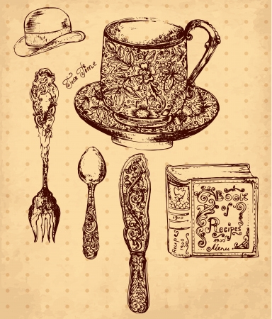hand drawn illustration with antique accessories のイラスト素材