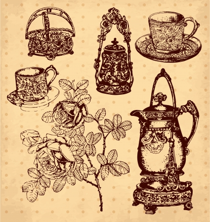 hand drawn illustration with antique dishesのイラスト素材