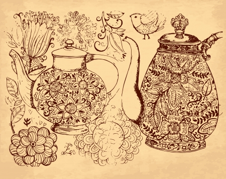 hand drawn vintage illustration with coffee pot and tea potのイラスト素材