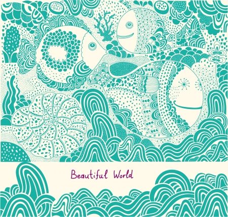 illustration with fishes and whales のイラスト素材