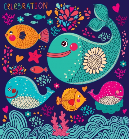 Vector illustration with fishes and whalesのイラスト素材