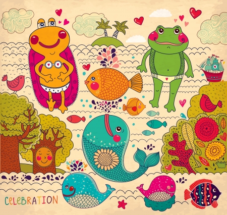 cartoon illustration with happy frogsのイラスト素材
