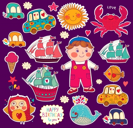 Happy Birthday card with boy and toysのイラスト素材