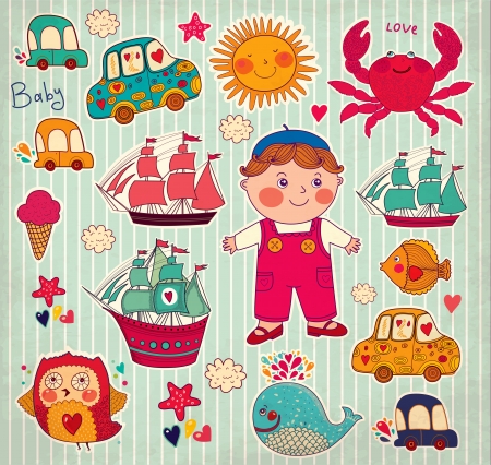 Happy Birthday card with boy and toysのイラスト素材