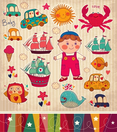 Happy Birthday card with boy and toysのイラスト素材