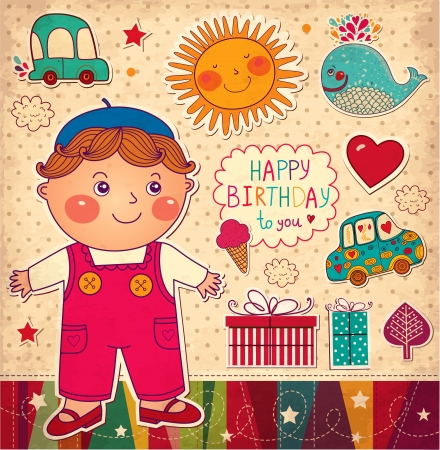 Happy Birthday card with boy and toysのイラスト素材