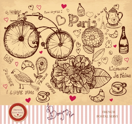  hand drawn card with Paris symbols のイラスト素材