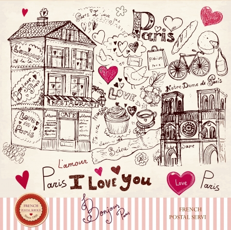 hand drawn card with Paris symbols のイラスト素材