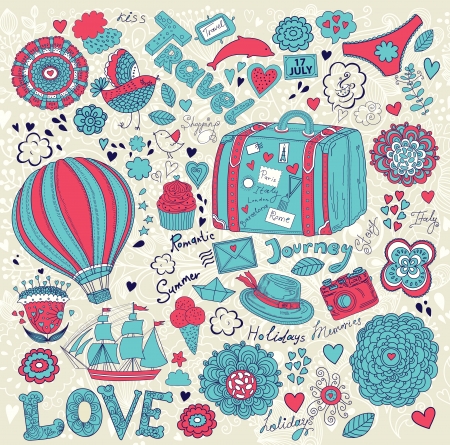 Summer illustration with symbols of travelのイラスト素材