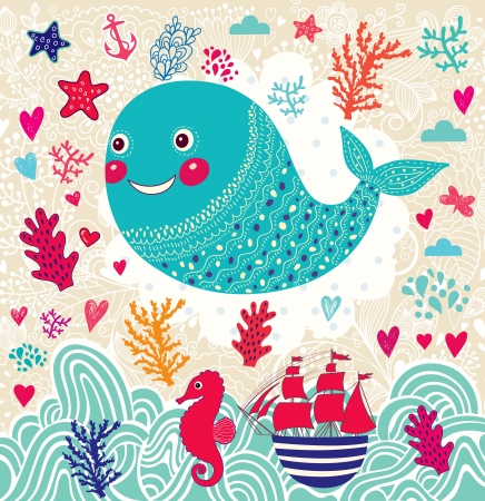 cartoon marine illustration with funny whaleのイラスト素材