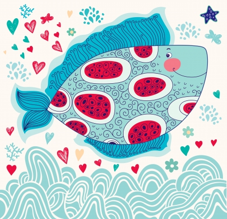 Vector cartoon marine illustration with fishのイラスト素材