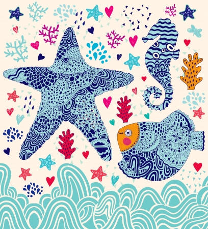 marine illustration with fish, sea star and seahorseのイラスト素材