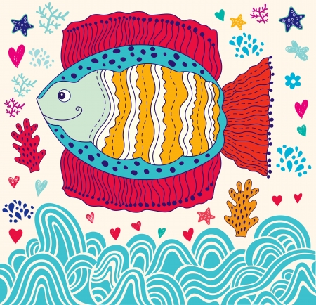 cartoon marine illustration with fishのイラスト素材