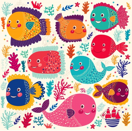  beautiful set with colorful stylized funny fishes  のイラスト素材