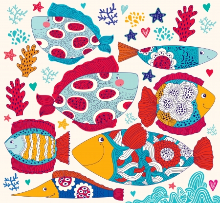Vector cartoon funny fishes  Sea lifeのイラスト素材