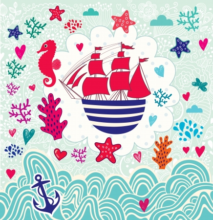 Vector cartoon marine illustration with sail shipのイラスト素材
