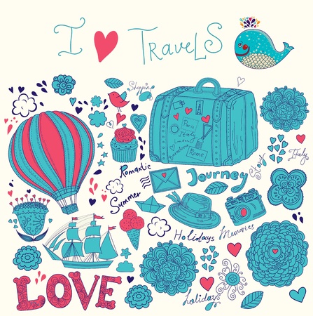 Summer illustration with symbols of travelのイラスト素材
