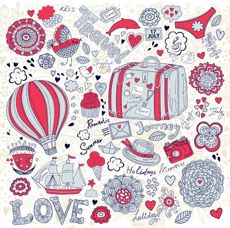 Summer illustration with symbols of travelのイラスト素材