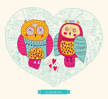 Vector wedding invitation with cute owlsのイラスト素材