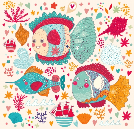 Vector wallpaper with funny fishesのイラスト素材