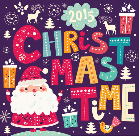 Christmas vector illustration with funny Santa Clausのイラスト素材