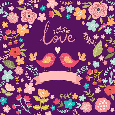 Cute birds on the floral backgroundのイラスト素材