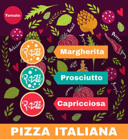 Pizza design menu or poster with different elementsのイラスト素材