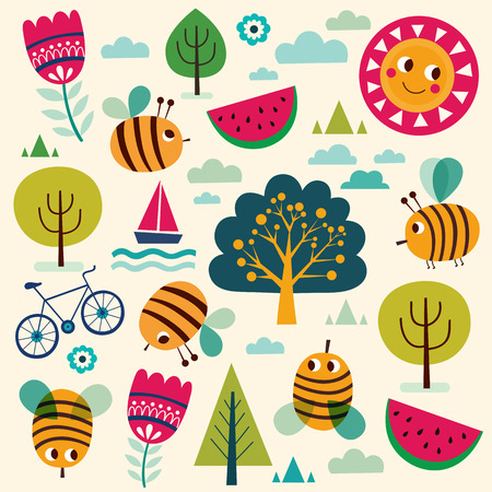 Summer vector pattern with bees and summer symbols: trees, sun, watermelon, bicycle.のイラスト素材