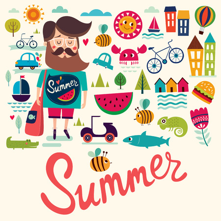 Vector background with summer symbols and other elementsのイラスト素材