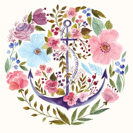 Hand drawn adorable anchor in watercolor technique in flowers backgroundのイラスト素材