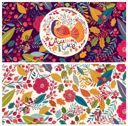 Hand drawn floral background with birdのイラスト素材