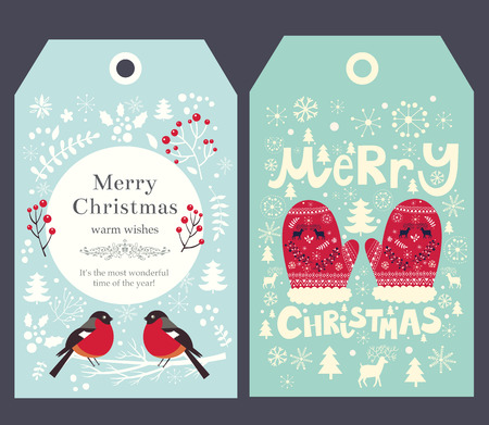 Holiday Christmas vector tags with mittens and bullfinch.のイラスト素材