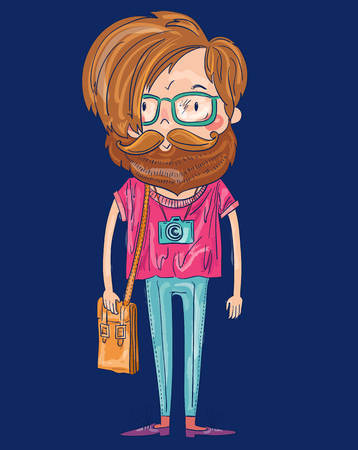 Hand drawn vector illustration with hipster man on a dark blue backgroundのイラスト素材